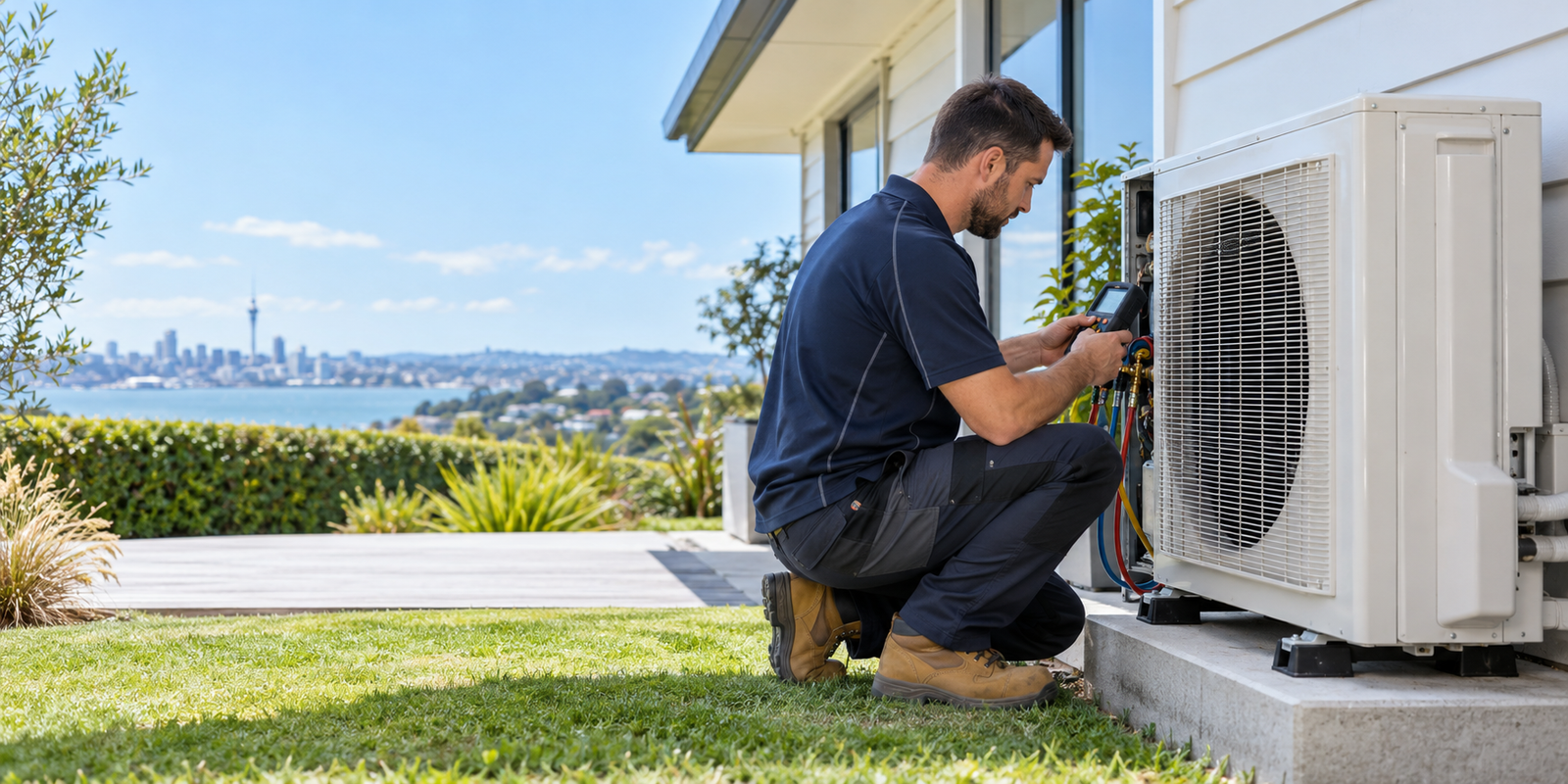 Illustration of a technician checking an outdoor heat pump