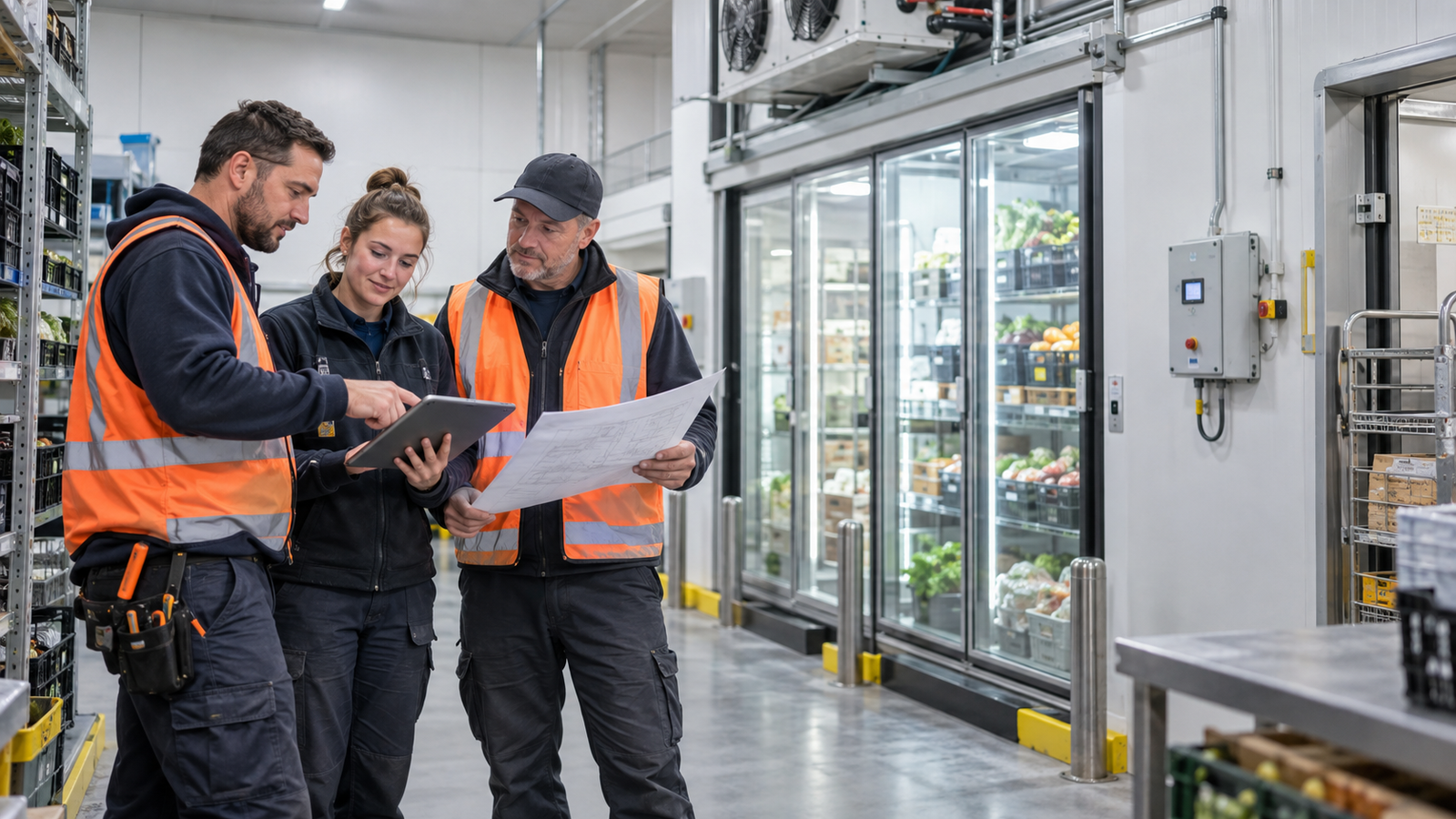 Commercial team beside a grocery chiller